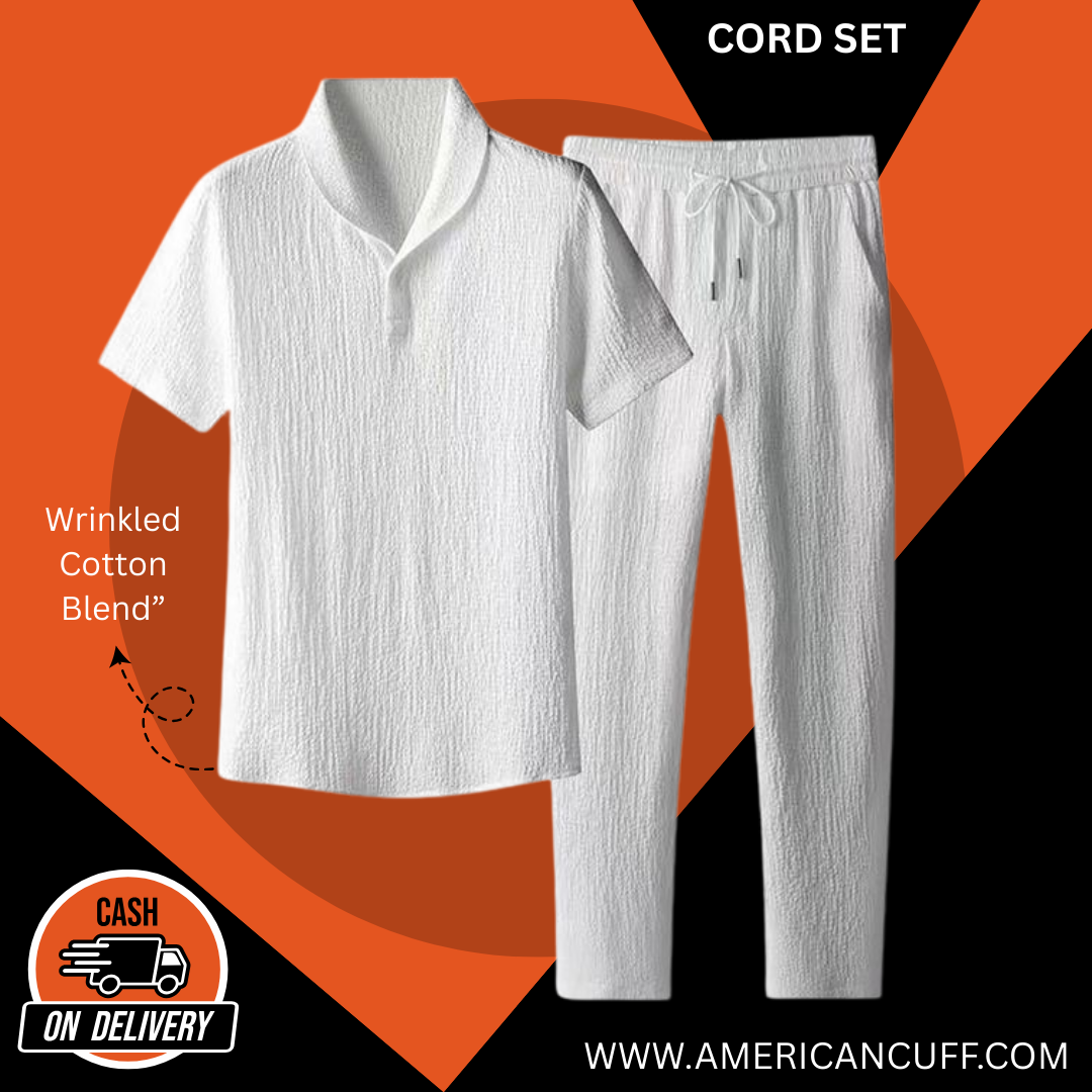 Men’s White Cord Set in Popcorn Fabric | Wrinkled Cotton Blend | American Cuff