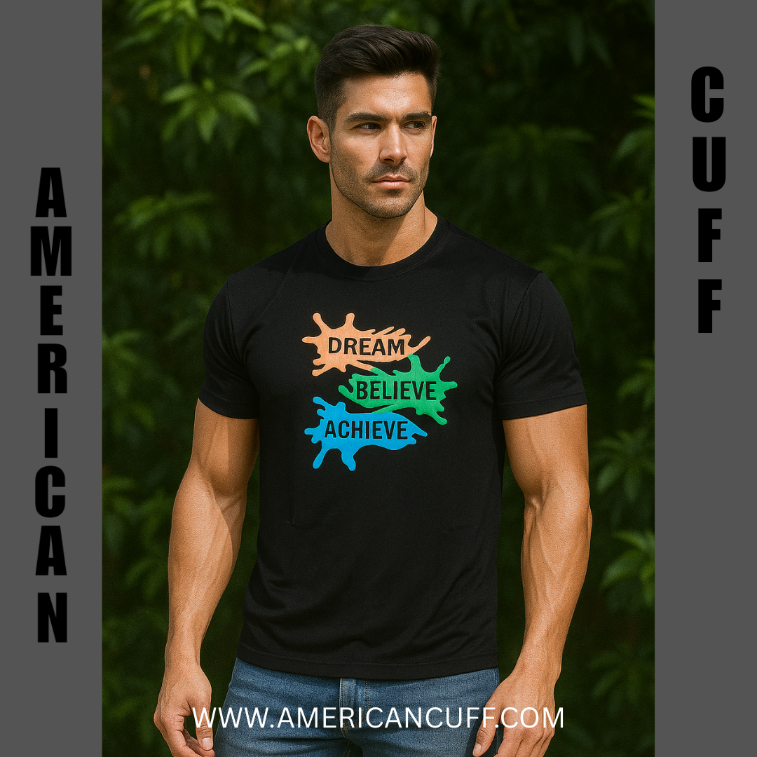 Black Dream Believe Achieve Printed T-Shirt for Men – Motivational Graphic Tee | American Cuff