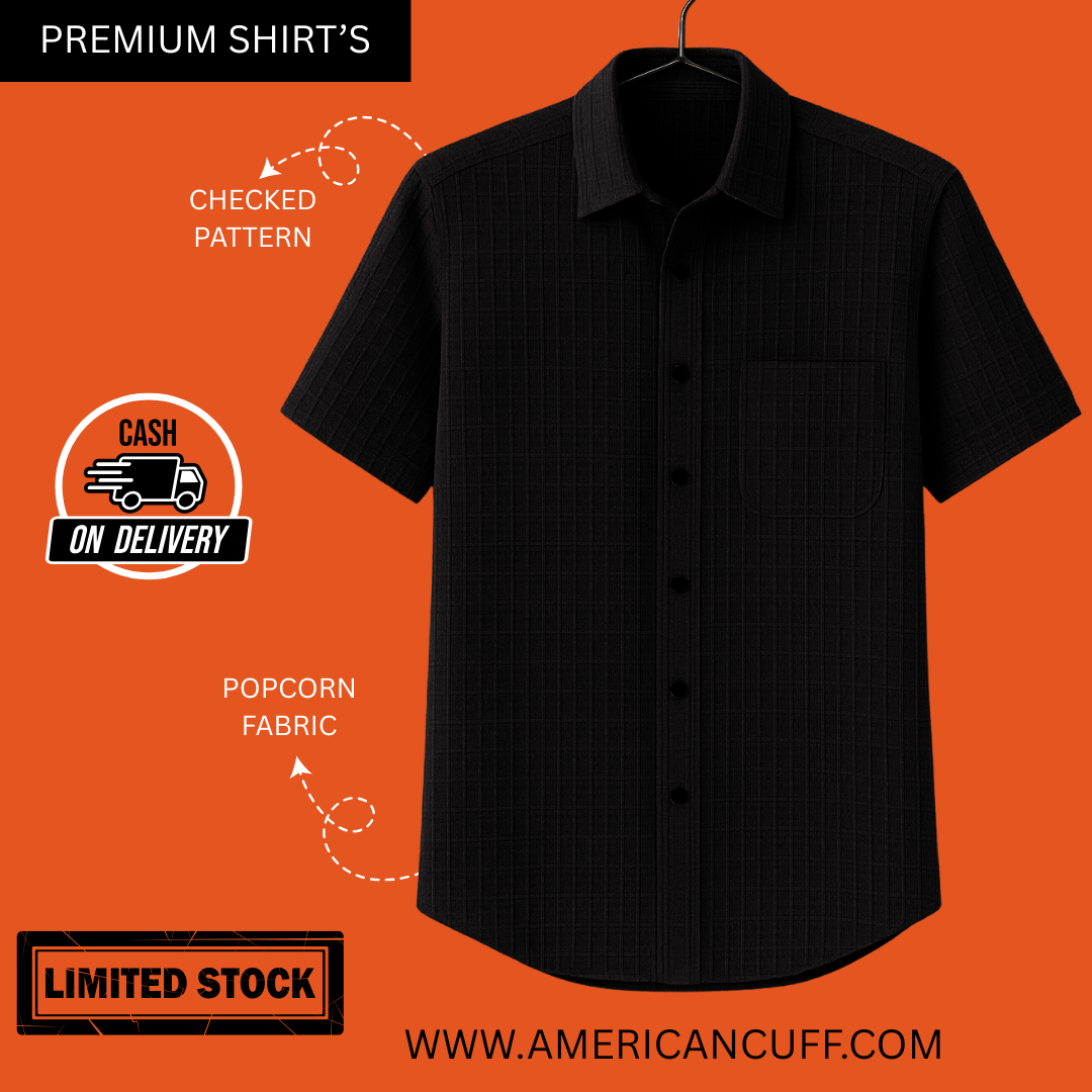 Premium Black Checked Half Sleeve Shirt – Popcorn Fabric, Super Comfortable Casual Wear | American Cuff