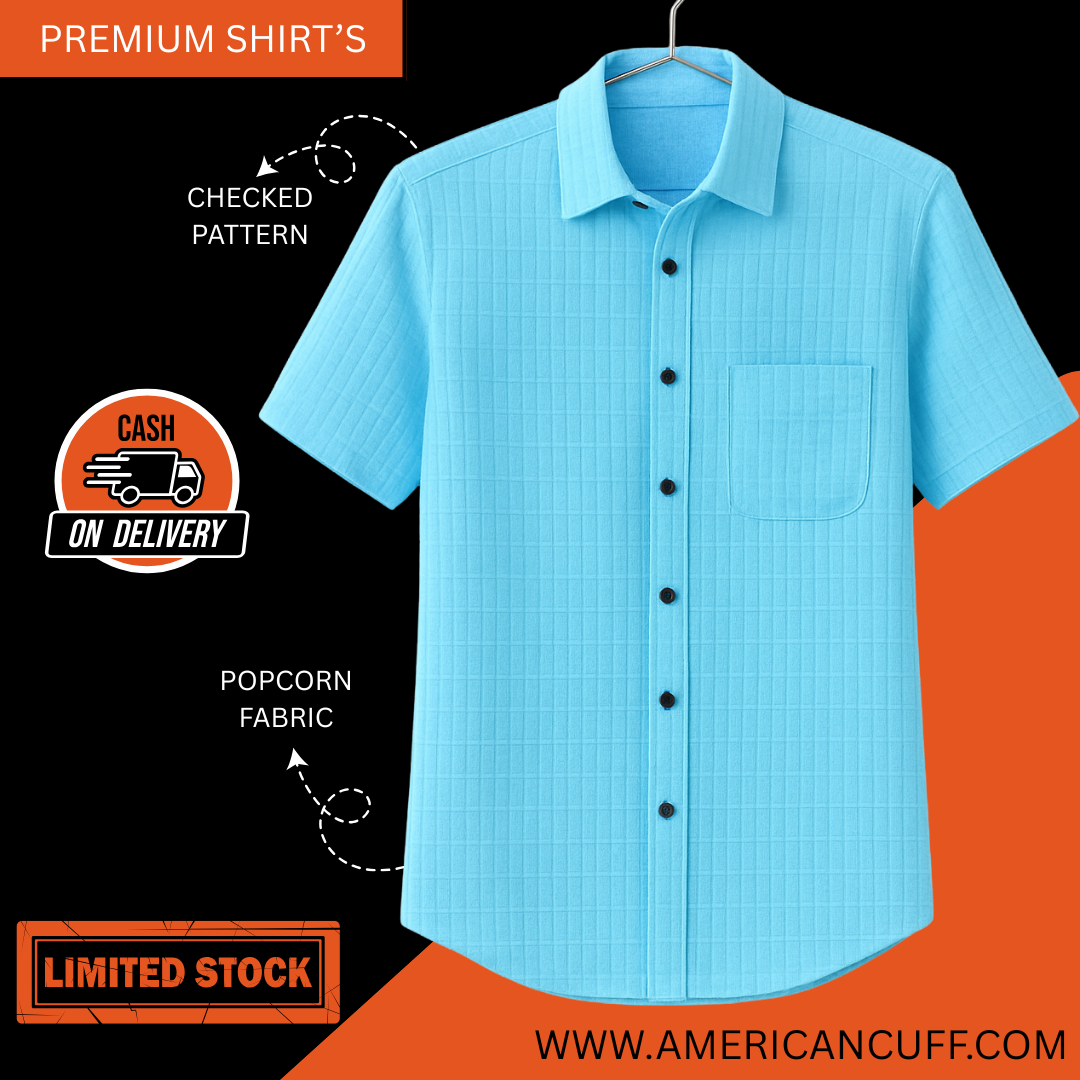 Premium SKY BLUE Checked Half Sleeve Shirt – Popcorn Fabric, Super Comfortable Casual Wear | American Cuff