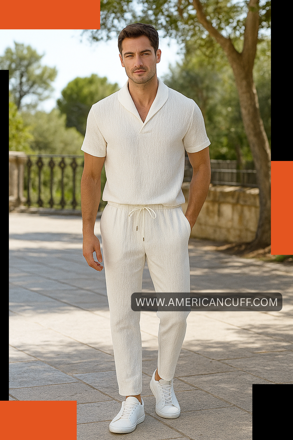Men’s White Cord Set in Popcorn Fabric | Wrinkled Cotton Blend | American Cuff