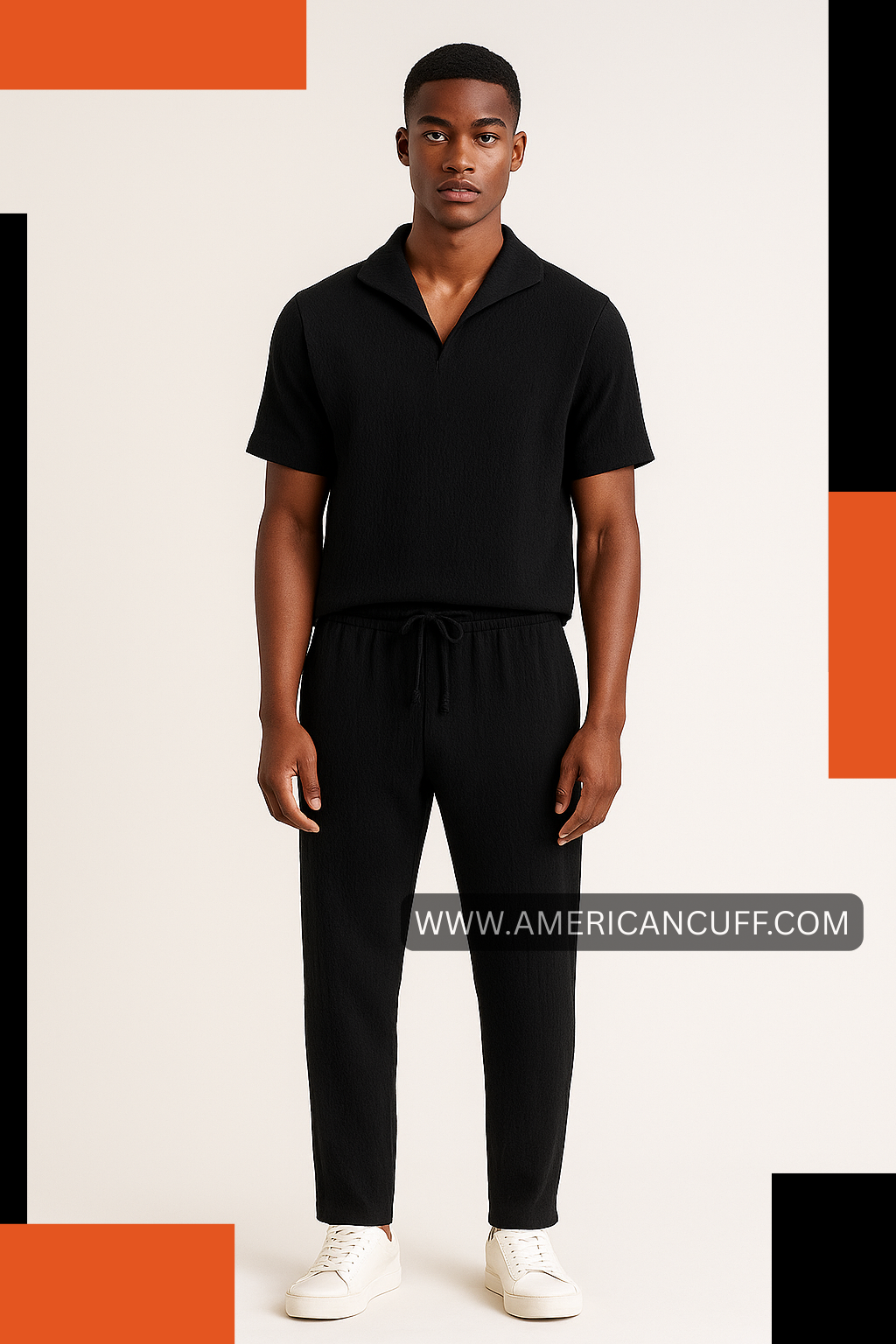 Men’s Black Cord Set in Popcorn Fabric | Wrinkled Cotton Blend Co-ord | American Cuff