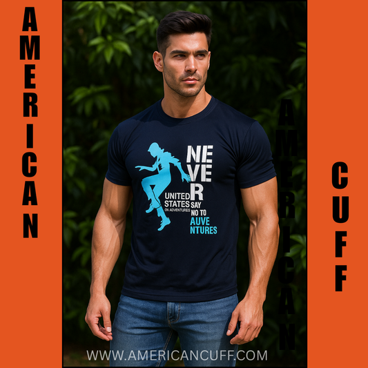 Navy Blue Adventure Printed T-Shirt for Men – “Never Say No to Adventures” Graphic Tee | American Cuff