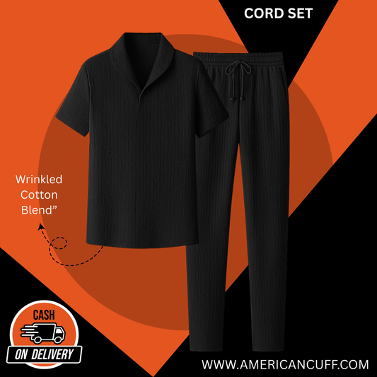 Men’s Black Cord Set in Popcorn Fabric | Wrinkled Cotton Blend Co-ord | American Cuff
