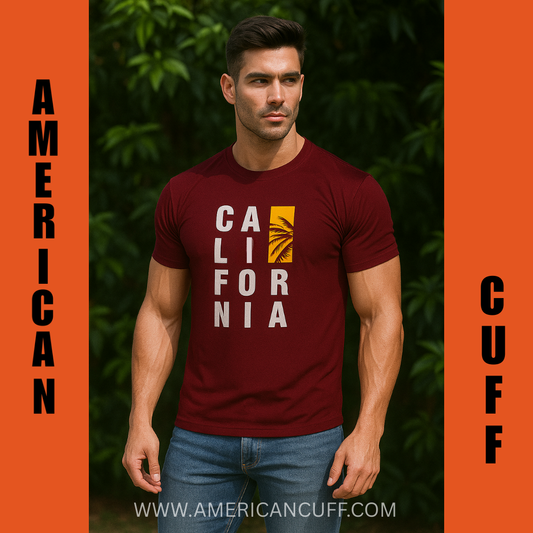 Maroon California Printed T-Shirt for Men – Stylish Half Sleeve Graphic Tee | American Cuff