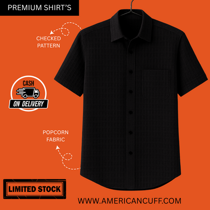 Premium Black Checked Half Sleeve Shirt – Popcorn Fabric, Super Comfortable Casual Wear | American Cuff