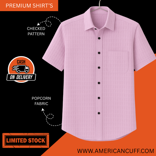 Premium Pink Checked Half Sleeve Shirt – Popcorn Fabric, Super Comfortable Casual Wear | American Cuff