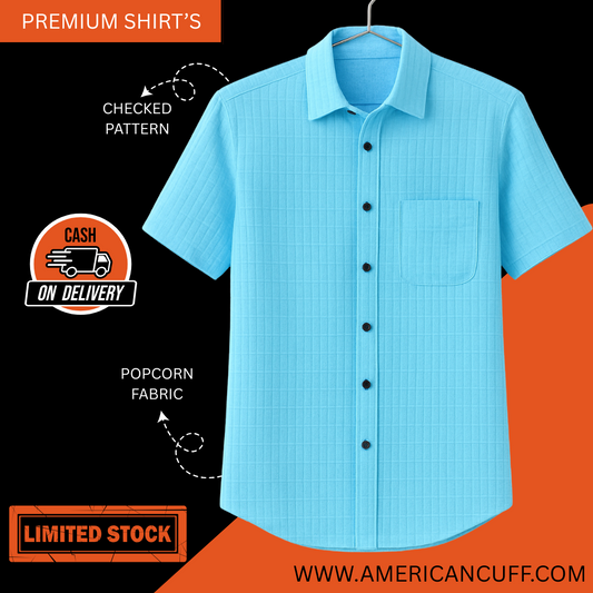 Premium SKY BLUE Checked Half Sleeve Shirt – Popcorn Fabric, Super Comfortable Casual Wear | American Cuff