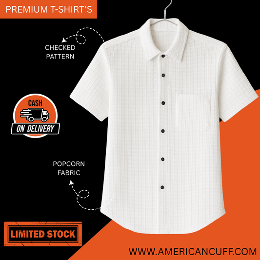 Premium White Checked Popcorn Fabric Shirt for Men – Super Comfortable Casual Wear | American Cuff
